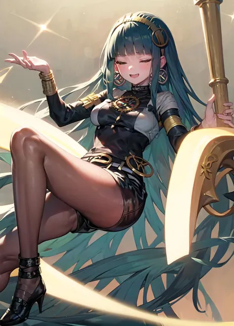 masterpiece, best quality, anime illustration, highly detailed, 2d, nice hands, (cleopatra_\(fate)\:1.3), fgocleo, (cleomain:1.2), long sleeves, short shorts, brown pantyhose, egpytian style A musical concert environment, 1girl, long hair, blunt bangs, bangs, green eyes, very long hair, green hair, hairband, jewelry, earrings, hoop earrings, breasts, medium breasts, closed eyes, floating, levitating, hovering, crossed arms, <lora:envybetterhandsLocon_beta2:0.6>