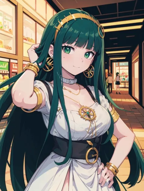 masterpiece, best quality, anime, atgons, flat color, cel shading, (hand on hip, hand in own hair:1),
cleodress, dress, white dress, 1girl, long hair, blunt bangs, green eyes, very long hair, green hair, hairband, jewelry, hoop earrings, medium breasts, shopping center, market, clothing store, finely detailed background, amazing background