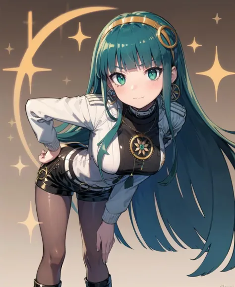 masterpiece, best quality, anime, flat color, cel shading, (leaning forward, bent over, arm under breasts:1), cleomain, 1girl, black shirt, white jacket, knee boots, black pantyhose, legwear under shorts, long hair, blunt bangs, green eyes, very long hair, green hair, hairband, jewelry, hoop earrings, medium breasts, simple background, sparkle effects, shiny, finely detailed background, amazing background
