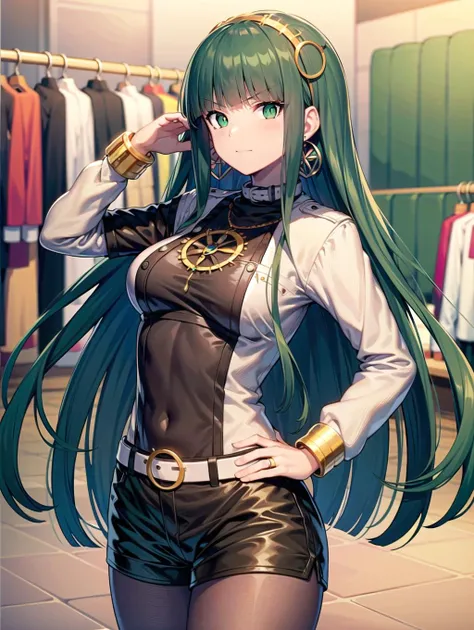 masterpiece, best quality, anime illustration, ultra detailed, houtengeki, (hand on hip, hand in own hair:1.3),
cleomain, jacket, long sleeves, short shorts, brown pantyhose, 1girl, long hair, blunt bangs, green eyes, very long hair, green hair, hairband, jewelry, hoop earrings, medium breasts, , shopping center, market, clothing store, finely detailed background, amazing background