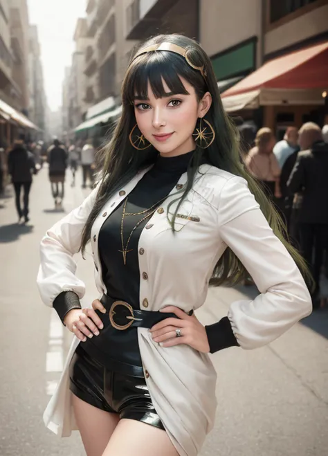 <lora:CleoNew:1> (hand on hip, hand in own hair:1.3), cleomain, jacket, long sleeves, short shorts, brown pantyhose, 1girl, (hand on hip, hand in own hair:1), cleodress, dress, white dress, 1girl, long hair, blunt bangs, green eyes, very long hair, green hair, hairband, jewelry, hoop earrings, medium breasts, shopping center, market, clothing store, finely detailed background, amazing background, (masterpiece, best quality:1.4), (modern days), (cowboy shot), 1girl, solo, pov, sfw, stunning girlfriend, (standing:1.1), dynamic pose, heart shaped face, elegant face, beautiful face, highly detailed face, highly detailed skin, skin pores, subsurface scattering, realistic pupils, medium breast, loving smile, looking at viewer, full face blush, full lips, detailed background, depth of field, atmospheric perspective, volumetric lighting, sharp focus, absurdres, realistic proportions, good anatomy, (realistic, hyperrealistic:1.4), 16k hdr,