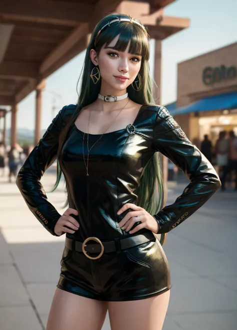 <lora:CleoNew:1> (hand on hip, hand in own hair:1.3), cleomain, jacket, long sleeves, short shorts, brown pantyhose, 1girl, long hair, blunt bangs, green eyes, very long hair, green hair, hairband, jewelry, hoop earrings, medium breasts, , shopping center, market, clothing store, finely detailed background, amazing background, (masterpiece, best quality:1.4), (modern days), (cowboy shot), 1girl, solo, pov, sfw, stunning girlfriend, (standing:1.1), dynamic pose, heart shaped face, elegant face, beautiful face, highly detailed face, highly detailed skin, skin pores, subsurface scattering, realistic pupils, medium breast, loving smile, looking at viewer, full face blush, full lips, detailed background, depth of field, atmospheric perspective, volumetric lighting, sharp focus, absurdres, realistic proportions, good anatomy, (realistic, hyperrealistic:1.4), 16k hdr,
