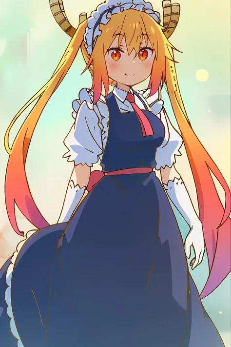 <lora:é¾å¥³ä»æå°1V:1>,é¾å¥³ä»æå°,1girl,solo,dragon horns,twintails,blonde hair,long hair,gradient hair,
maid,red necktie,white shirt,collared shirt,puffy short sleeves,maid headdress,frills,blue long dress,white gloves,cowboy shot,smile,large tail,scales,dragon tail,scales large dragon tail,, Exquisite visuals, high-definition,masterpiece,best quality,