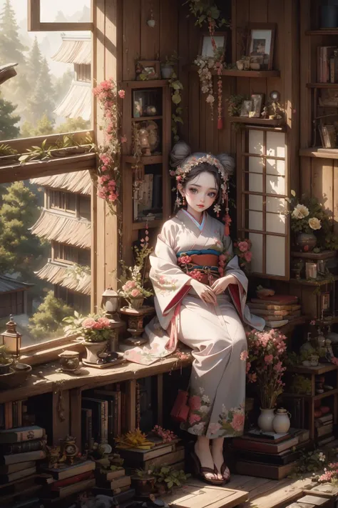 HDR,UHD,8K, best quality, masterpiece, Highly detailed, Studio lighting, physically-based rendering, 1girl, solo, BJD doll, blush, wooden windows, lying on bed,wooden door, pines,trees, stones, curtain, paper fans,byobu, flower tatoo,seductive smile, hair ornament, flower, looking at viewer, kimono, japanese clothes, earrings, jewelry, hair bun, (full body:1.4), hair flower, sash, white hair, tassel, grey eyes, pink kimono, double bun, simple background, obi, closed mouth, updo, red lips, brown eyes, makeup, kanzashi, lips, <lora:BJD_20230725223240-000010:0.6>, <lora:XSarchitectural_32ModernChinesestyle:0.6>, <lora:Clothing -:0.3>