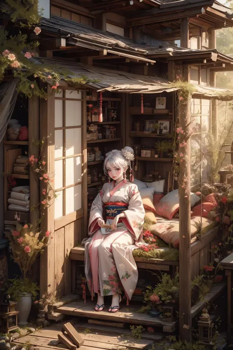 HDR,UHD,8K, best quality, masterpiece, Highly detailed, Studio lighting, physically-based rendering, 1girl, solo, BJD doll, blush, wooden windows, lying on bed,wooden door, pines,trees, stones, curtain, (paper fans),byobu, flower tatoo,seductive smile, hair ornament, flower, looking at viewer, kimono, japanese clothes, earrings, jewelry, hair bun, (full body:1.4), hair flower, sash, white hair, tassel, grey eyes, pink kimono, double bun, simple background, obi, closed mouth, updo, red lips, brown eyes, makeup, kanzashi, lips, <lora:BJD_20230725223240-000010:0.6>, <lora:XSarchitectural_32ModernChinesestyle:0.6>, <lora:Clothing -:0.4>,