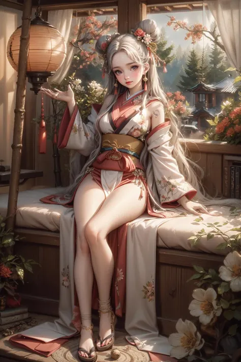 HDR,UHD,8K, best quality, masterpiece, Highly detailed, Studio lighting, physically-based rendering, 1girl, solo, BJD doll, blush, wooden windows, lying on bed,wooden door, pines,trees, stones, curtain, paper fans,byobu, flower tatoo,seductive smile, hair ornament, flower, looking at viewer, kimono, japanese clothes, earrings, jewelry, hair bun, (full body:1.4), hair flower, sash, white hair, tassel, grey eyes, pink kimono, double bun, simple background, obi, closed mouth, updo, red lips, brown eyes, makeup, kanzashi, lips, <lora:BJD_20230725223240-000010:0.6>, <lora:XSarchitectural_32ModernChinesestyle:0.6>, <lora:Clothing -:0.4>,