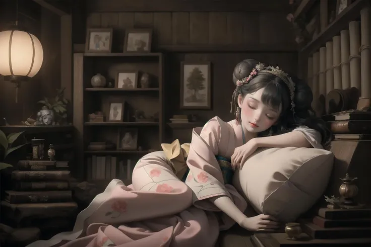 HDR,UHD,8K, best quality, masterpiece, Highly detailed, Studio lighting, physically-based rendering, 1girl, solo, BJD doll, sleeping on bed, books, closed eyes, bamboo bed, wabi-sabi, blush, chinese garden,(bamboo windows), lying on bed, trees, wooden door, pines,trees, stones, curtain, paper fans,byobu, flower tatoo,seductive smile, hair ornament, flower, looking at viewer, kimono, japanese clothes, earrings, jewelry, hair bun,  hair flower, sash, white hair, tassel, grey eyes, pink kimono, double bun, simple background, obi, closed mouth, updo, red lips, brown eyes, makeup, kanzashi, lips,   <lora:Lolita BJD:0.8>,   <lora:liangyou_lora:0.4>, <lora:XSarchitectural_32ModernChinesestyle:0.4>,