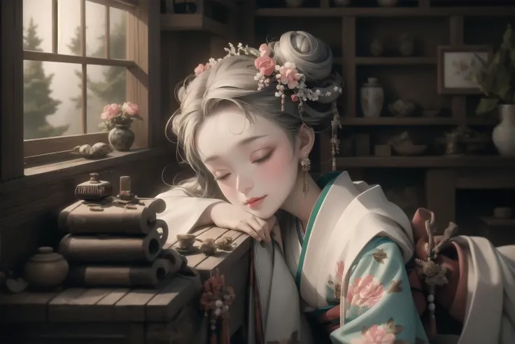HDR,UHD,8K, best quality, masterpiece, Highly detailed, Studio lighting, physically-based rendering, 1girl, solo, BJD doll, sleeping on bed, closed eyes, wabi-sabi, blush, chinese garden,(wooden windows), lying on bed, trees, wooden door, pines,trees, stones, curtain, paper fans,byobu, flower tatoo,seductive smile, hair ornament, flower, looking at viewer, kimono, japanese clothes, earrings, jewelry, hair bun, hair flower, sash, white hair, tassel, grey eyes, pink kimono, double bun, simple background, obi, closed mouth, updo, red lips, brown eyes, makeup, kanzashi, lips, <lora:Lolita BJD:0.8>, <lora:liangyou_lora:0.4>, <lora:XSarchitectural_32ModernChinesestyle:0.4>