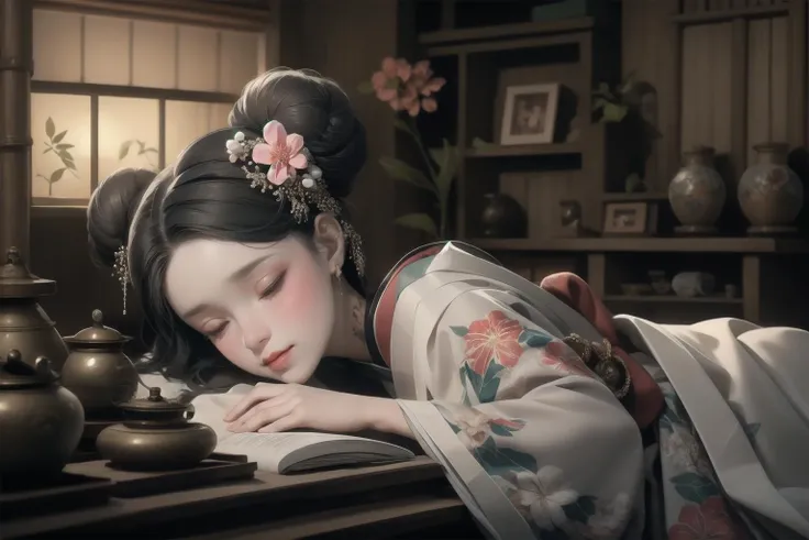 HDR,UHD,8K, best quality, masterpiece, Highly detailed, Studio lighting, physically-based rendering, 1girl, solo, BJD doll, sleeping on bed, closed eyes, bamboo bed, wabi-sabi, blush, chinese garden,(bamboo windows), lying on bed, trees, wooden door, pines,trees, stones, curtain, paper fans,byobu, flower tatoo,seductive smile, hair ornament, flower, looking at viewer, kimono, japanese clothes, earrings, jewelry, hair bun, hair flower, sash, white hair, tassel, grey eyes, pink kimono, double bun, simple background, obi, closed mouth, updo, red lips, brown eyes, makeup, kanzashi, lips, <lora:Lolita BJD:0.8>, <lora:liangyou_lora:0.4>, <lora:XSarchitectural_32ModernChinesestyle:0.4>