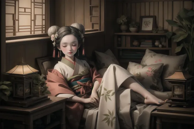 HDR,UHD,8K, best quality, masterpiece, Highly detailed, Studio lighting, physically-based rendering, 1girl, solo, BJD doll, sleeping on bed, closed eyes, bamboo bed, wabi-sabi, blush, chinese garden,(bamboo windows), lying on bed, trees, wooden door, pines,trees, stones, curtain, paper fans,byobu, flower tatoo,seductive smile, hair ornament, flower, looking at viewer, kimono, japanese clothes, earrings, jewelry, hair bun, hair flower, sash, white hair, tassel, grey eyes, pink kimono, double bun, simple background, obi, closed mouth, updo, red lips, brown eyes, makeup, kanzashi, lips, <lora:Lolita BJD:0.8>, <lora:liangyou_lora:0.4>, <lora:XSarchitectural_32ModernChinesestyle:0.4>