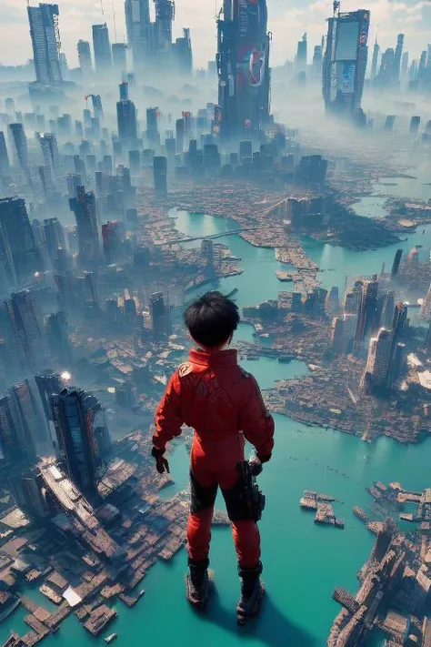 Kaneda from Akira, turquoise neon bright, high contrast, cyberpunk 2077 Style, Ghost in the Shell Cover Art, overgrown mushroom net, neo Tokyo, postapocalyptic, Million neon hoses into the Sky, very detailed, hd