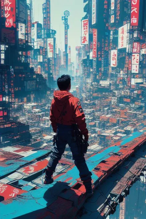 Kaneda from Akira, turquoise neon bright, high contrast, cyberpunk 2077 Style, Ghost in the Shell Cover Art, overgrown mushroom net, neo Tokyo, postapocalyptic, Million neon hoses into the Sky, very detailed, hd