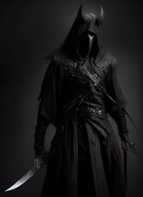 male main character ilustration, hunter, (older male), slim and tall built, very detailed and large weapon, pirate hat, leather armour clothes, holding bladed weapon, long sword, holding big pistol, wearing cloth ripped mask, (extreme detail dark mood, gothic theme, horror colors and lighting)