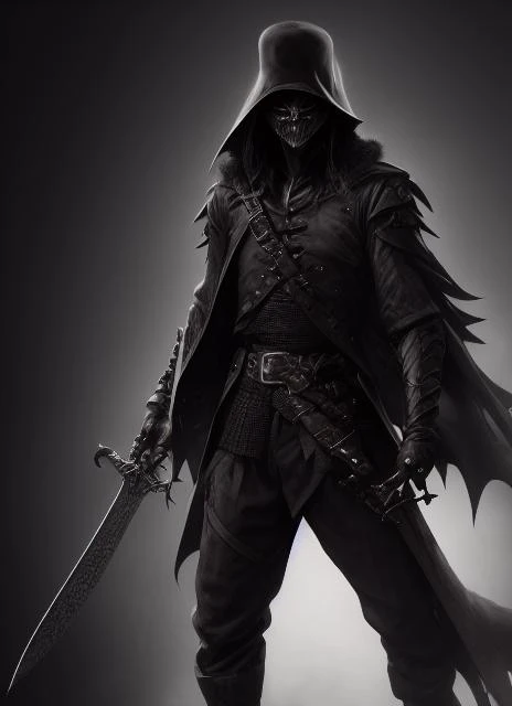 male main character ilustration, hunter, (older male), slim and tall built, very detailed and large weapon, pirate hat, leather armour clothes, holding bladed weapon, long sword, holding big pistol, wearing cloth ripped mask, (extreme detail dark mood, gothic theme, horror colors and lighting)