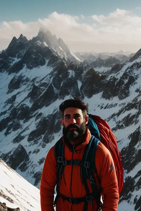 PiroxiumDiffusion style, close up portrait of a man who is a mountaineer, with a beard and a worn backpack, standing on the peak of a snowy mountain, environmental lighting, oil painting, detailed background