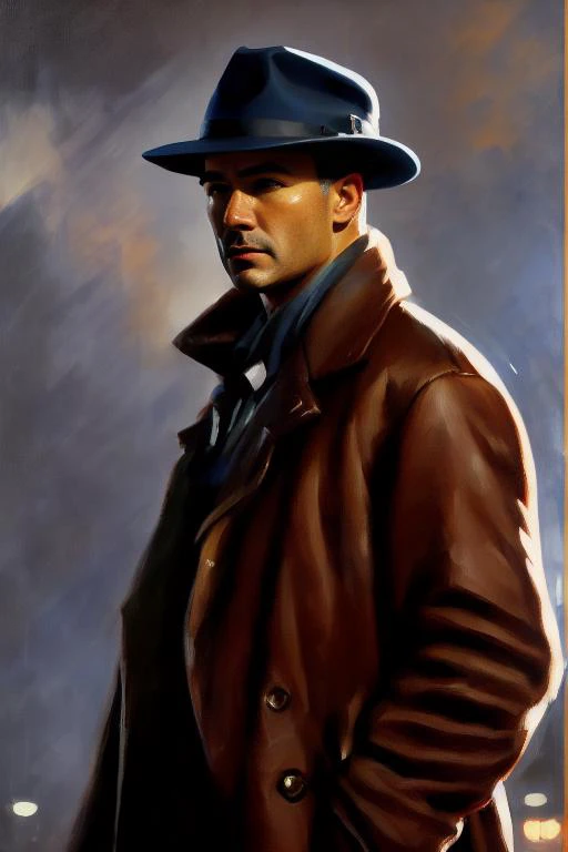 PiroxiumDiffusion style, portrait of a man who is a seasoned detective, with a stern expression and a fedora on his head, standing in a police station, oil painting, film lighting