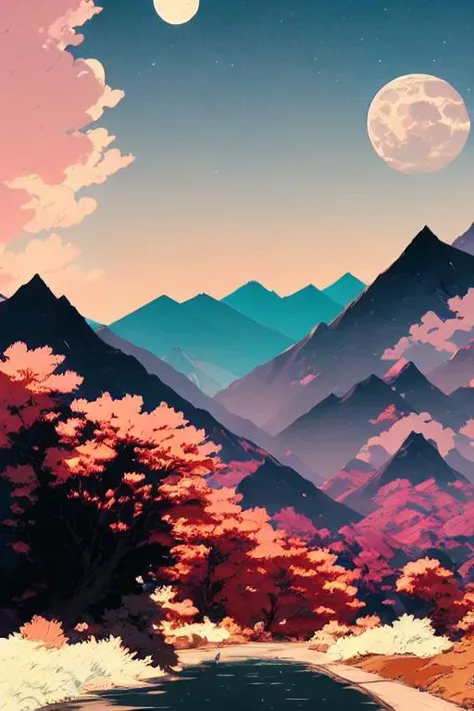 (PiroxiumDiffusion style:0.5), Mountains with moon in the background, beautiful forest, godlike, beautiful, style of Laurie Greasley, studio ghibli, akira toriyama, james gilleard, genshin impact, trending pixiv fanbox, acrylic palette knife, 4k, vibrant colors, devinart, trending on artstation, low details