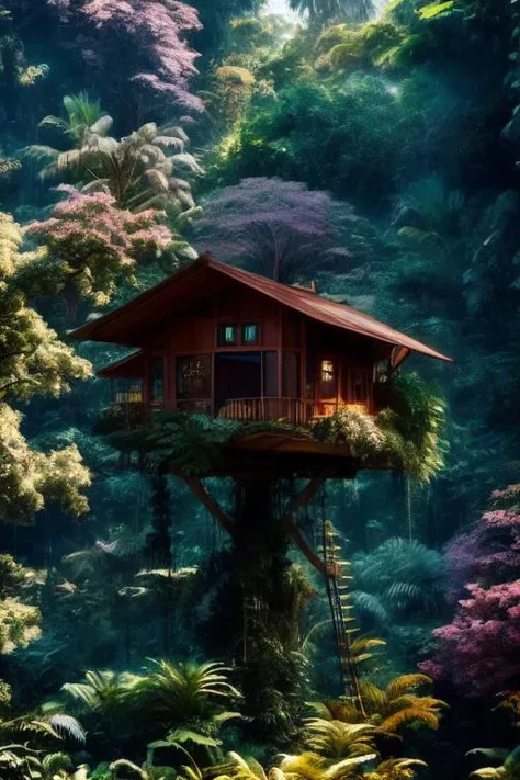 (PiroxiumDiffusion style:0.5), Beautiful jungle tree house,cinematic, (masterpiece),vibrant