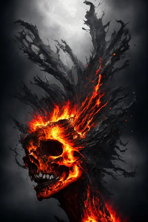 (masterpiece, best quality : 1.2), PiroxiumDiffusion style, [Volcano, lava | melting black skull:8], vector art, sticker, 2d, illustration, ghosts, dripping, lava, black background, red droplets, highly detailed, complex