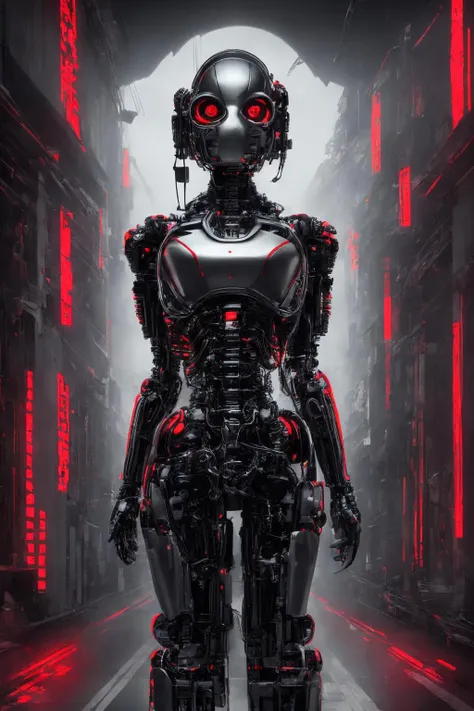 (masterpiece, best quality : 1.2), (PiroxiumDiffusion style:0.9), solo, breasts, science fiction, (portrait), alley, holding weapon, road, outdoors, cyborg, spine, android, mechanical arms, looking at viewer, headgear, robot, mask, glow, (red hue:0.7)