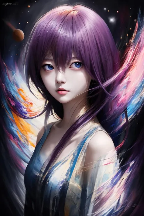 (masterpiece, best quality : 1.2), (PiroxiumDiffusion style:0.8), solo, 1girl, breasts, (colorful hair, paint:1.2), space texture, portrait, space, anime, 2d, abstract, complex