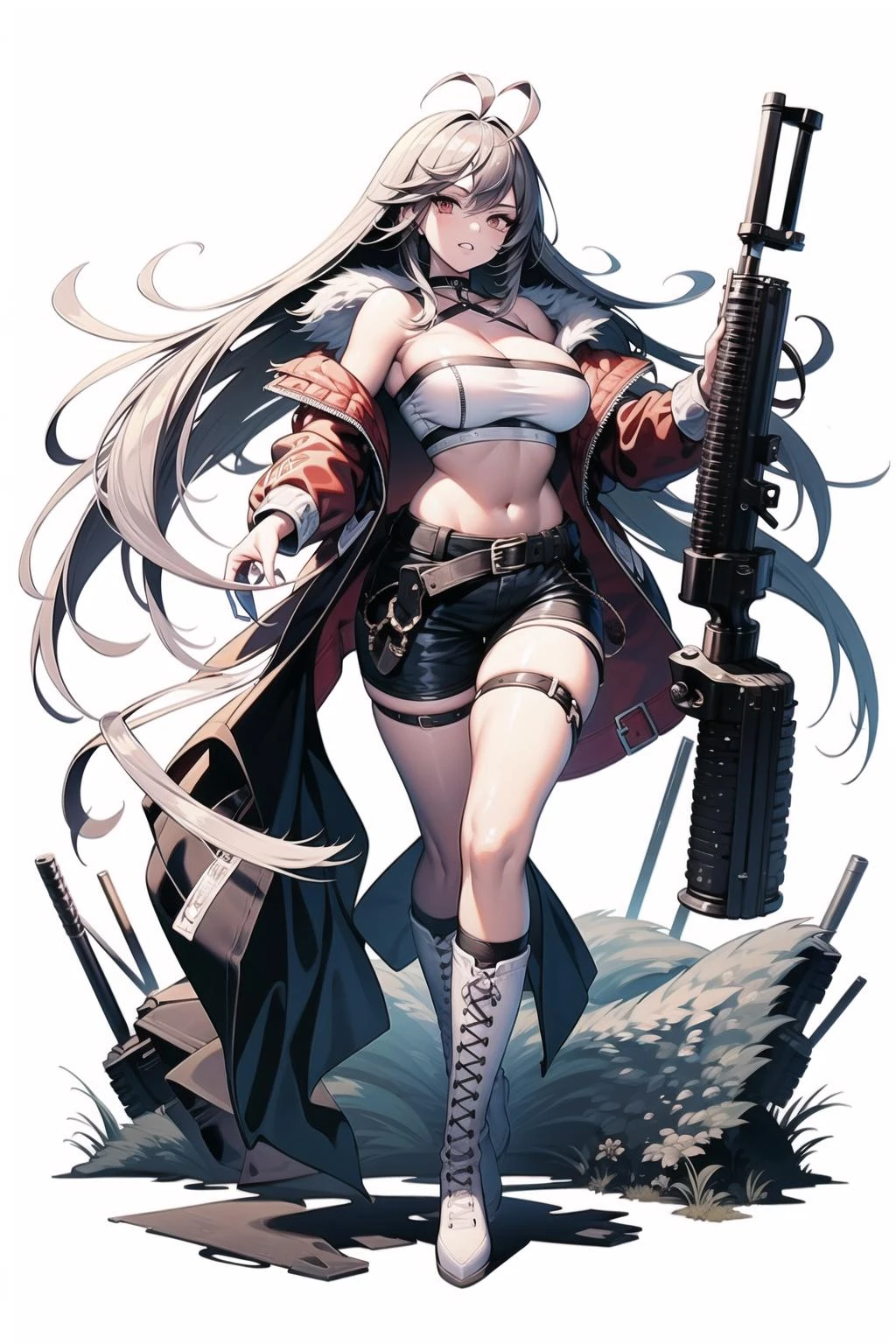 1girl, breasts, long hair, solo, boots, navel, weapon, large breasts, ahoge, jacket, white background, belt, white footwear, highleg, gun, red eyes, pants, full body, holding, highleg panties, cross-laced footwear, high heels, simple background, underwear, choker, panties, fur trim, holding weapon, knee boots, underboob, silver hair, holding gun, looking at viewer, very long hair, lace-up boots, brown jacket, open clothes, long sleeves, standing, cleavage, high heel boots, bangs, midriff, cropped jacket, open jacket, black choker, thigh strap, eyebrows visible through hair, holster, black panties, brown pants, handgun, bandeau