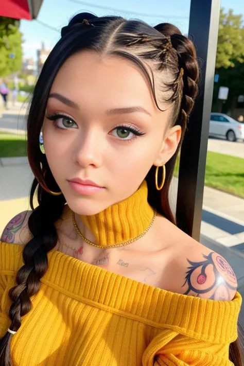 piercing eyes, looking straight, a 20 year old cute corajade, very happy,long braided hair, wearing an off-shoulder sweater, choker, closeup portrait, in a outdoor cafe in 2015, afternoon light