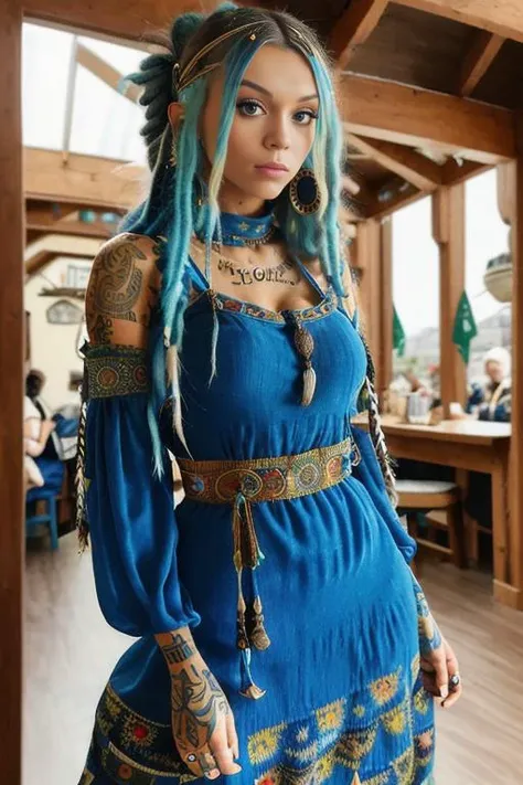 a portrait photo of c0rajade, blue dreads, ((((folk dress)))), Ukrainian dress, pronounced feminine feature, insane details, intricate details, hyperdetailed, complex background, medieval tavern, indoor, in the style of greg fredericks