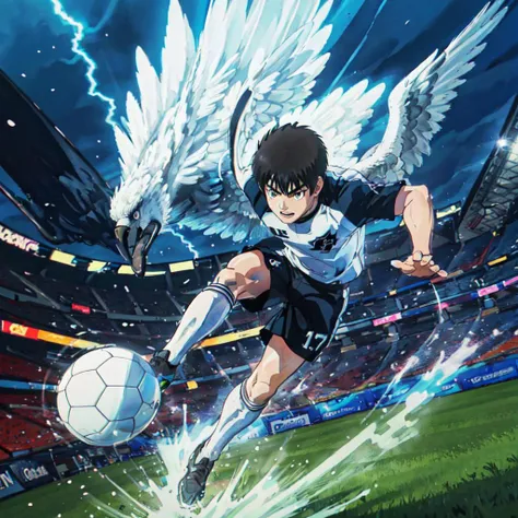 (masterpiece, best quality;1.3), extremely detailed ,ultra detailed,  1boy kicking soccer ball, looking forward,<lora:CaptainTsubasa_V4:0.5>,
captaintsubasa,  soccer player, panther shot,  eagle image,  lightning around , speed lines,
stadium background