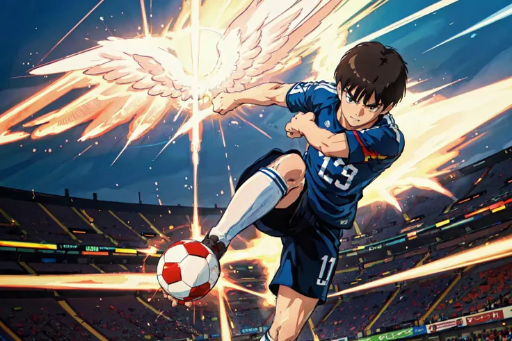 (masterpiece, best quality;1.3), extremely detailed ,ultra detailed,  1boy kicking soccer ball, looking forward,<lora:CaptainTsubasa_V4:0.4>,
captaintsubasa,  soccer player, panther shot,  eagle image,  lightning around , speed lines,
stadium background