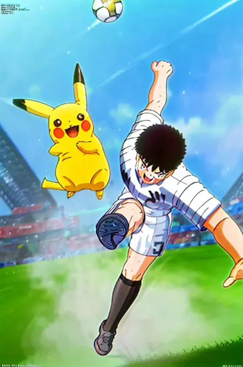 <lora:CaptainTsubasa_V4:0.85>, captaintsubasa, a boy is kicking , pikachu image, detailed face, manga, high res, 8k