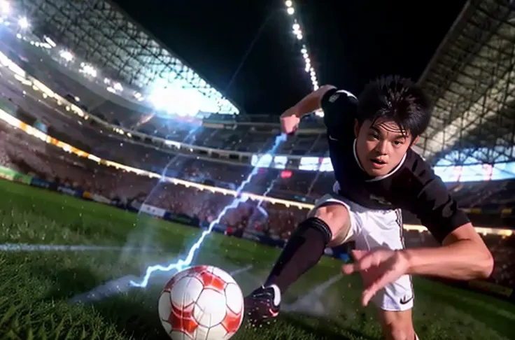 1boy is kicking, captaintsubasa, shot, best quality, soccer player, detailed face, pikachu image, <lora:CaptainTsubasa_V4:0.7>, lightning around ball, speed lines, solo