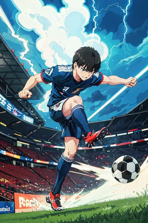 (masterpiece, best quality;1.3), extremely detailed ,ultra detailed,  1boy kicking soccer ball, looking forward,<lora:CaptainTsubasa_V4:0.4>,
captaintsubasa,  soccer player, panther shot,  eagle image,  lightning around , speed lines,
stadium background