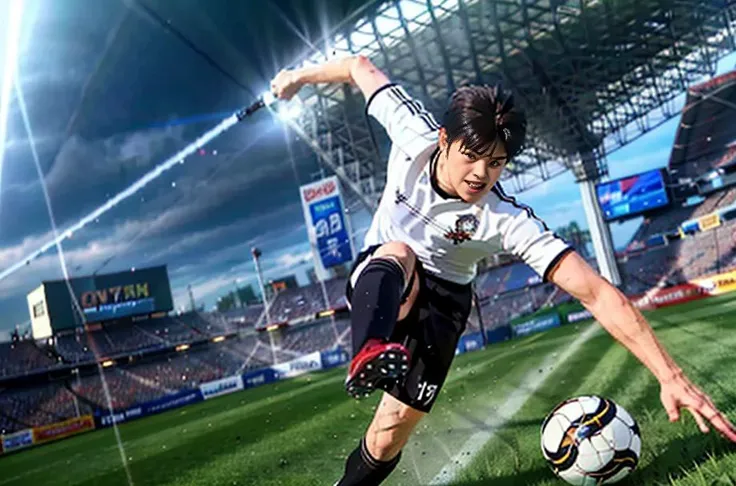 1boy is kicking, captaintsubasa, shot, best quality, soccer player, detailed face, semi-transparent fox image, <lora:CaptainTsubasa_V4:0.7>, lightning around ball, speed lines
