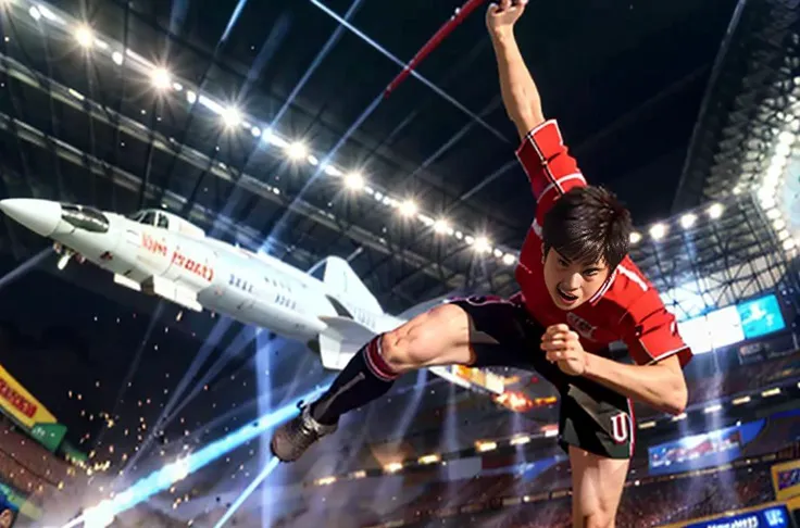 1boy is kicking, solo, captaintsubasa, best quality, soccer player, detailed face, <lora:CaptainTsubasa_V4:0.75>, ((missile image)), speed lines