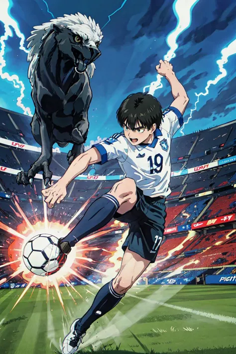 (masterpiece, best quality;1.3), extremely detailed ,ultra detailed,  1boy kicking soccer ball, looking forward,<lora:CaptainTsubasa_V4:0.4>,open mouth,
captaintsubasa,  soccer player, panther shot,  eagle image,  lightning around , speed lines, right arm down, two arms,
stadium background