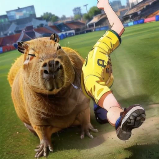 <lora:add_brightness:0.5><lora:add_detail:0.5><lora:capi:1>(boy is capybara:1.3), kicking, solo, captaintsubasa, soccer player, detailed face, <lora:CaptainTsubasa_V4:0.7>, falcon shot, Deep Bond image