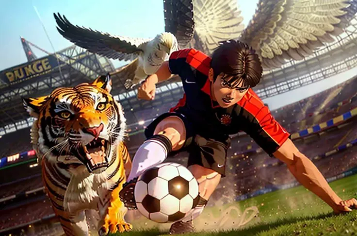 1boy is kicking, solo,  captaintsubasa, best quality, soccer player, detailed face, <lora:CaptainTsubasa_V4:0.7>, falcon shot, tiger image, eagle image