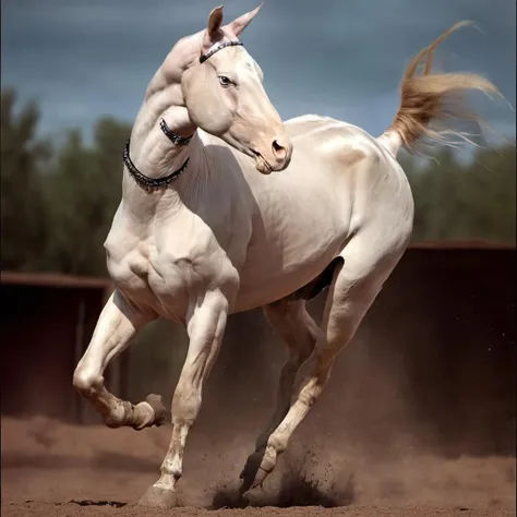 cinematic photo of a big  (intimidating:1.2)  dominant   female cream white <lora:AkhalTeke-000015:1> Akhal Teke (horse:0.2) , wearing a wide black latex choker ,  rearing , action , dust kicked up from the hooves, , natural soft lighting,outside, atmosphere,  by annie leibovitz  open mouth,  seen from below, angry expression, muscular, intimidating stare, cruel, scary, evil,