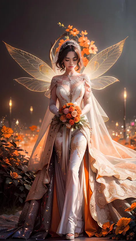 Story, bride posing under a fairy tale, elaborate scene style, glitter, orange, realistic style, 8k,exposure blend, medium shot, bokeh, (hdr:1.4), high contrast, (cinematic, orange and white film), (muted colors, dim colors, soothing tones:1.3), low saturation, (hyperdetailed:1.2), (noir:0.4)