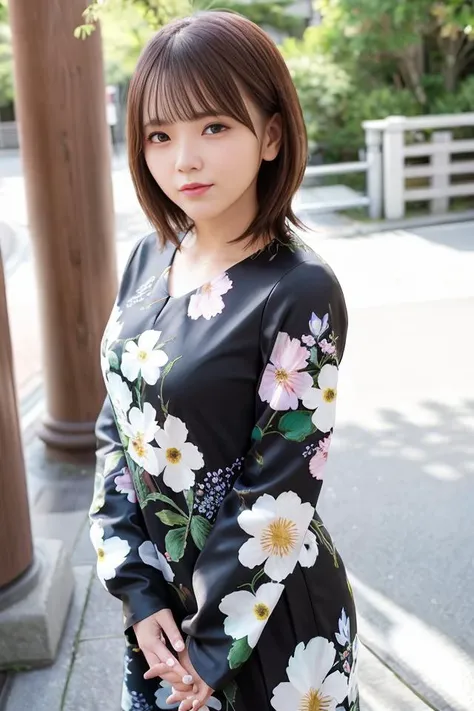 (skin blemish:1.2), (skindentation), black eye, 1woman, 25yo, (((woman))), solo, realistic, best quality, photorealistic, masterpiece, 8k, high res, solo, extremely detailed face, (professional lighting, bokeh), (light particles, lens flare, glowing particles:0.6), (dynamic pose:1.2), soft lighting, top angle view, fashionable and trendy atmosphere, japan, street, tokyo, city, ((daytime)), sky, ((looking at the viewer:1)), (looking at the camera),(portrait:0.6), cowboy shot, gorgeous, standing, keep original facial proportion, wide shoulder, full body, (small breast), (medium hair), brown hair, floating hair, lips, lipstick, seductive smile, floating hair, smile, open_mouth, teeth, (floral print one piece dress with sleeve:1), summer dress, blouse, eyelashes, mole, (mole under eye:1), <lora:KitoA:0.8>