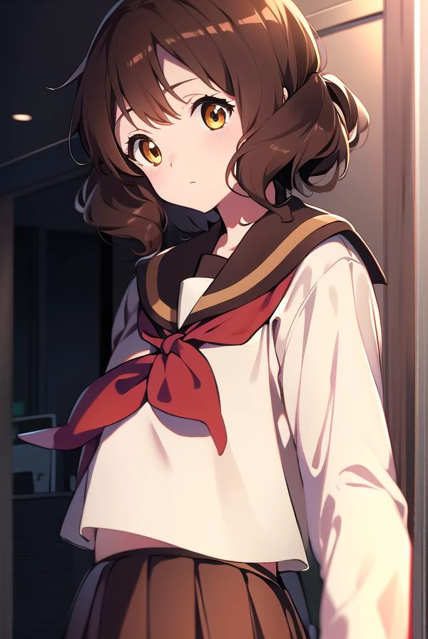kumikooumae, <lyco:kumikooumae-LYCORIStest:1>,
kumiko oumae, (brown eyes:1.5), brown hair, short hair, wavy hair, (flat chest:1.2),
BREAK brown shirt, brown skirt, kitauji high school uniform, long sleeves, neckerchief, pleated skirt, red neckerchief, sailor collar, school uniform, serafuku, shirt, skirt, uniform, white sailor collar,
BREAK looking at viewer,
BREAK indoors, classroom,
BREAK <lora:GoodHands-vanilla:1>, (masterpiece:1.2), best quality, high resolution, unity 8k wallpaper, (illustration:0.8), (beautiful detailed eyes:1.6), extremely detailed face, perfect lighting, extremely detailed CG, (perfect hands, perfect anatomy),