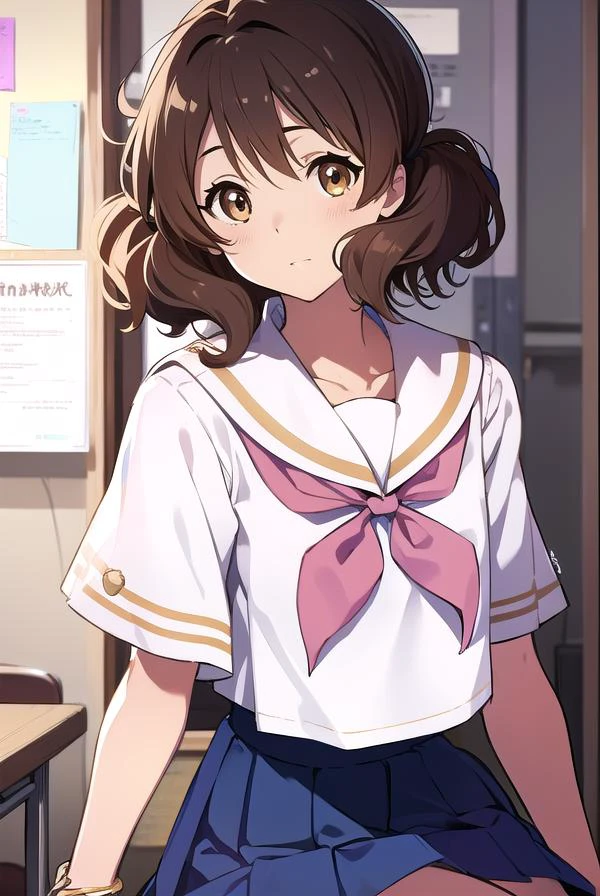 kumikooumae, <lyco:kumikooumae-LYCORIStest:1>,
kumiko oumae, (brown eyes:1.5), brown hair, short hair, wavy hair, (flat chest:1.2),
BREAK blue skirt, bracelet, kitauji high school uniform, neckerchief, pink neckerchief, pleated skirt, school uniform, serafuku, shirt, short sleeves, skirt, white shirt,
BREAK looking at viewer,
BREAK indoors, classroom,
BREAK <lora:GoodHands-vanilla:1>, (masterpiece:1.2), best quality, high resolution, unity 8k wallpaper, (illustration:0.8), (beautiful detailed eyes:1.6), extremely detailed face, perfect lighting, extremely detailed CG, (perfect hands, perfect anatomy),