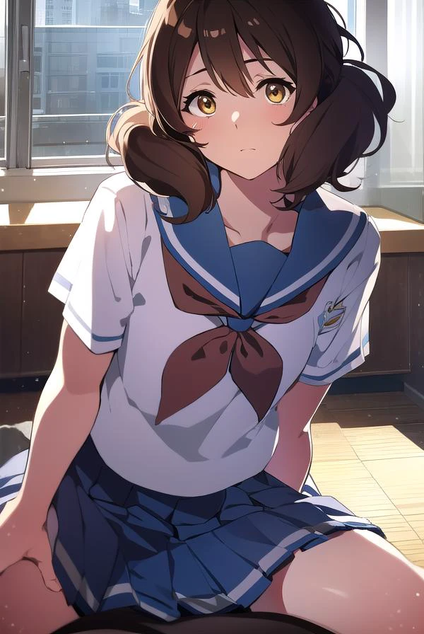 kumikooumae, <lyco:kumikooumae-LYCORIStest:1>,
kumiko oumae, (brown eyes:1.5), brown hair, short hair, wavy hair, (flat chest:1.2),
BREAK blue skirt, bracelet, kitauji high school uniform, neckerchief, pink neckerchief, pleated skirt, school uniform, serafuku, shirt, short sleeves, skirt, white shirt,
BREAK looking at viewer,
BREAK indoors, classroom,
BREAK <lora:GoodHands-vanilla:1>, (masterpiece:1.2), best quality, high resolution, unity 8k wallpaper, (illustration:0.8), (beautiful detailed eyes:1.6), extremely detailed face, perfect lighting, extremely detailed CG, (perfect hands, perfect anatomy),