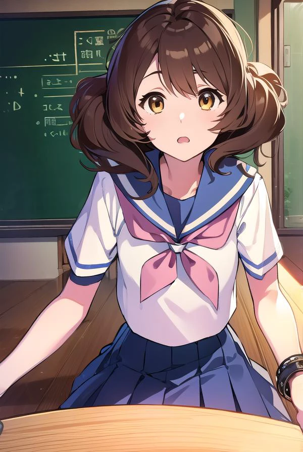 kumikooumae, <lyco:kumikooumae-LYCORIStest:1>,
kumiko oumae, (brown eyes:1.5), brown hair, short hair, wavy hair, (flat chest:1.2),
BREAK blue skirt, bracelet, kitauji high school uniform, neckerchief, pink neckerchief, pleated skirt, school uniform, serafuku, shirt, short sleeves, skirt, white shirt,
BREAK looking at viewer,
BREAK indoors, classroom,
BREAK <lora:GoodHands-vanilla:1>, (masterpiece:1.2), best quality, high resolution, unity 8k wallpaper, (illustration:0.8), (beautiful detailed eyes:1.6), extremely detailed face, perfect lighting, extremely detailed CG, (perfect hands, perfect anatomy),