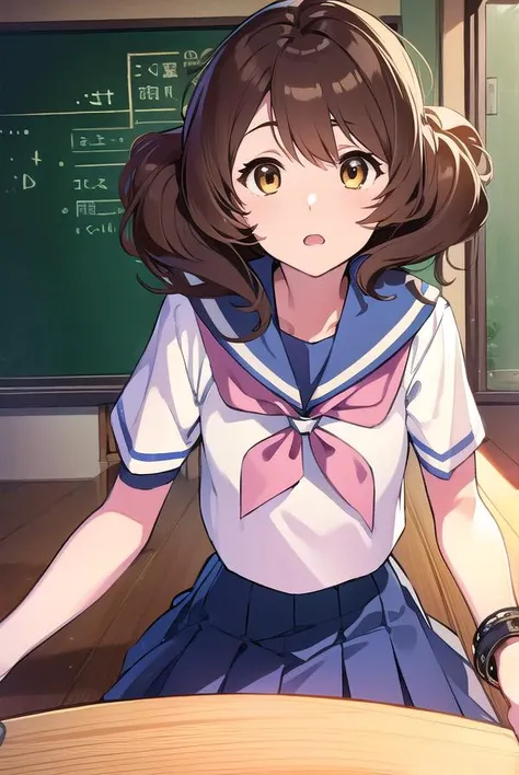 kumikooumae, <lyco:kumikooumae-LYCORIStest:1>,
kumiko oumae, (brown eyes:1.5), brown hair, short hair, wavy hair, (flat chest:1.2),
BREAK blue skirt, bracelet, kitauji high school uniform, neckerchief, pink neckerchief, pleated skirt, school uniform, serafuku, shirt, short sleeves, skirt, white shirt,
BREAK looking at viewer,
BREAK indoors, classroom,
BREAK <lora:GoodHands-vanilla:1>, (masterpiece:1.2), best quality, high resolution, unity 8k wallpaper, (illustration:0.8), (beautiful detailed eyes:1.6), extremely detailed face, perfect lighting, extremely detailed CG, (perfect hands, perfect anatomy),