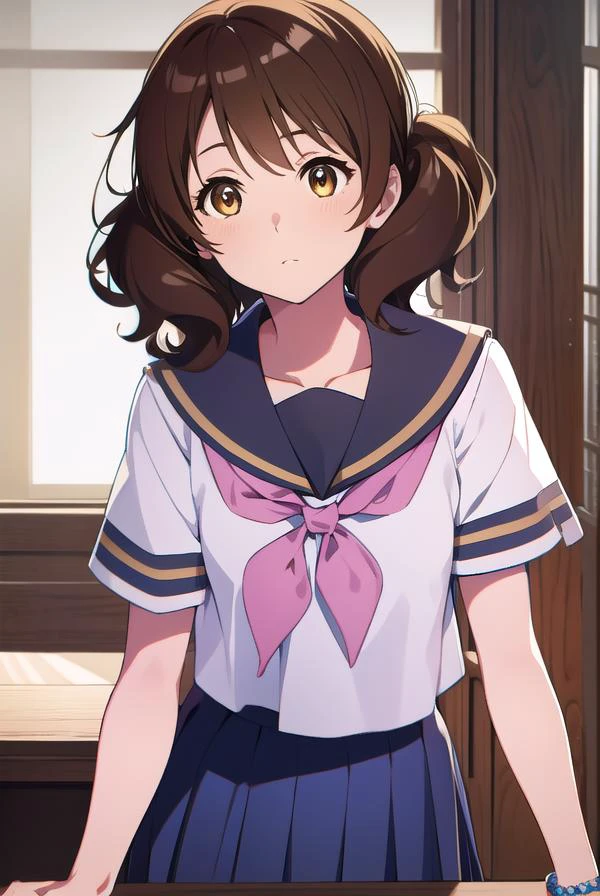 kumikooumae, <lyco:kumikooumae-LYCORIStest:1>,
kumiko oumae, (brown eyes:1.5), brown hair, short hair, wavy hair, (flat chest:1.2),
BREAK blue skirt, bracelet, kitauji high school uniform, neckerchief, pink neckerchief, pleated skirt, school uniform, serafuku, shirt, short sleeves, skirt, white shirt,
BREAK looking at viewer,
BREAK indoors, classroom,
BREAK <lora:GoodHands-vanilla:1>, (masterpiece:1.2), best quality, high resolution, unity 8k wallpaper, (illustration:0.8), (beautiful detailed eyes:1.6), extremely detailed face, perfect lighting, extremely detailed CG, (perfect hands, perfect anatomy),