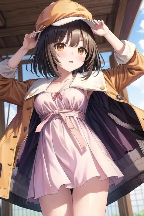 masterpiece, best quality,ultra detail,<lora:GoodHands-vanilla:0.8> <lora:anmnr01:0.3> <lora:add_detail:0.5> <lora:sengoku_nadeko:0.7>,sengoku_nadeko, short hair, jacket, jacket on shoulders, medium hair, medium breasts, cabbie hat, hat,blush,shy pose,cinematic angle,shrine,white snake