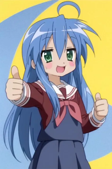 best quality, (konataRedux-10000:.9), happy, red and white school uniform, one (thumbs up), hand on hip, 1girl, solo, yellow background