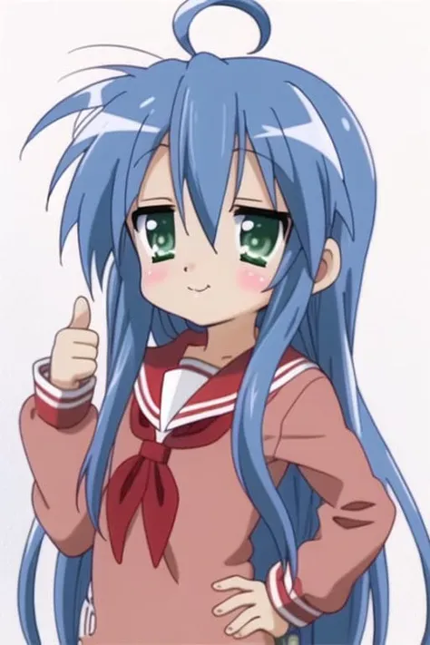 izumi konata, 1girl, double v,  blue hair, ahoge, green eyes,  solo, mole under eye, long hair,ryouou school uniform, v, school uniform,serafuku,
masterpiece, best quality,newest,
<lora:Luckystar A31 e1-000009:0.70>